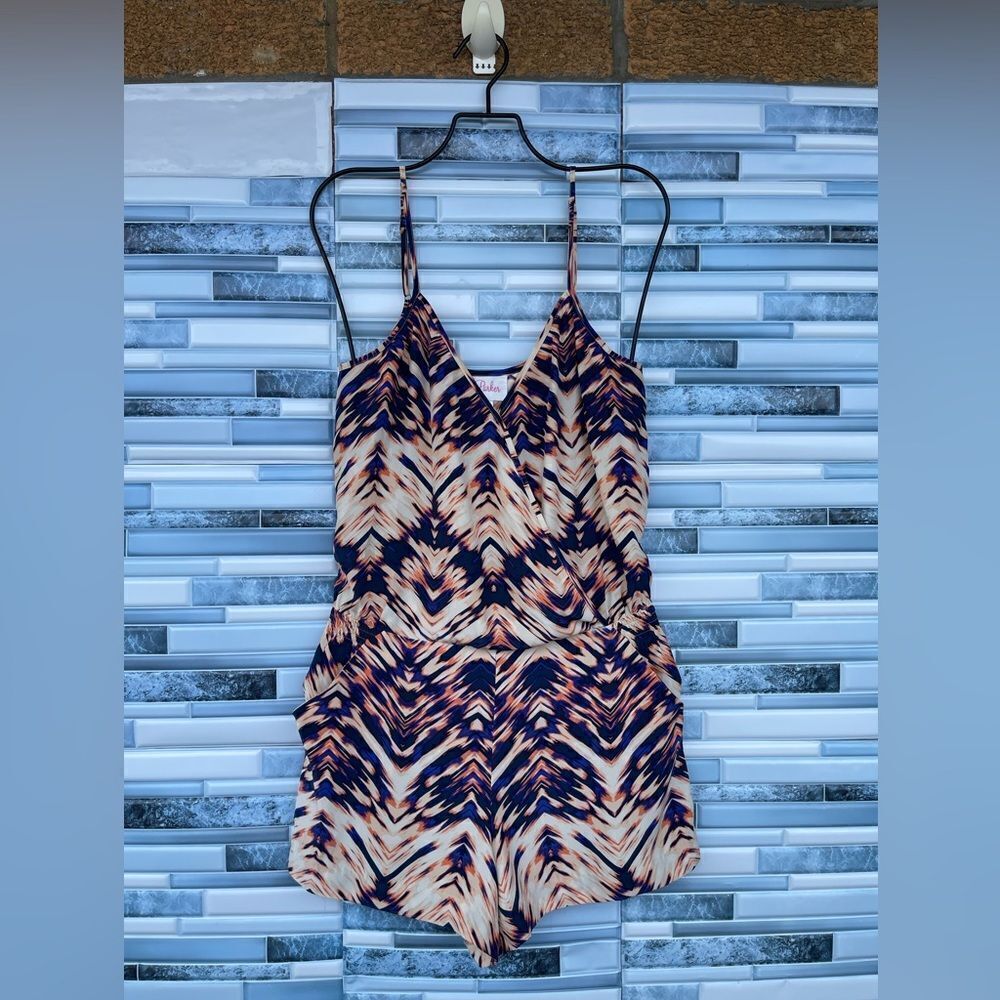 Parker Silk Romper Zig Zag Chevron Orange Blue Size Extra Small V Neck